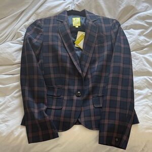 QMack Navy and Burgundy Plaid Single-Button Blazer